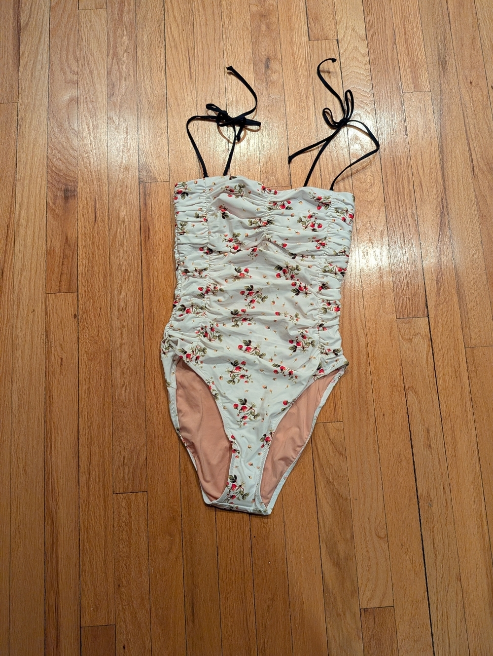 J. Crew Strawberry Floral Ruched Tie-Shoulder One-Piece Swimsuit